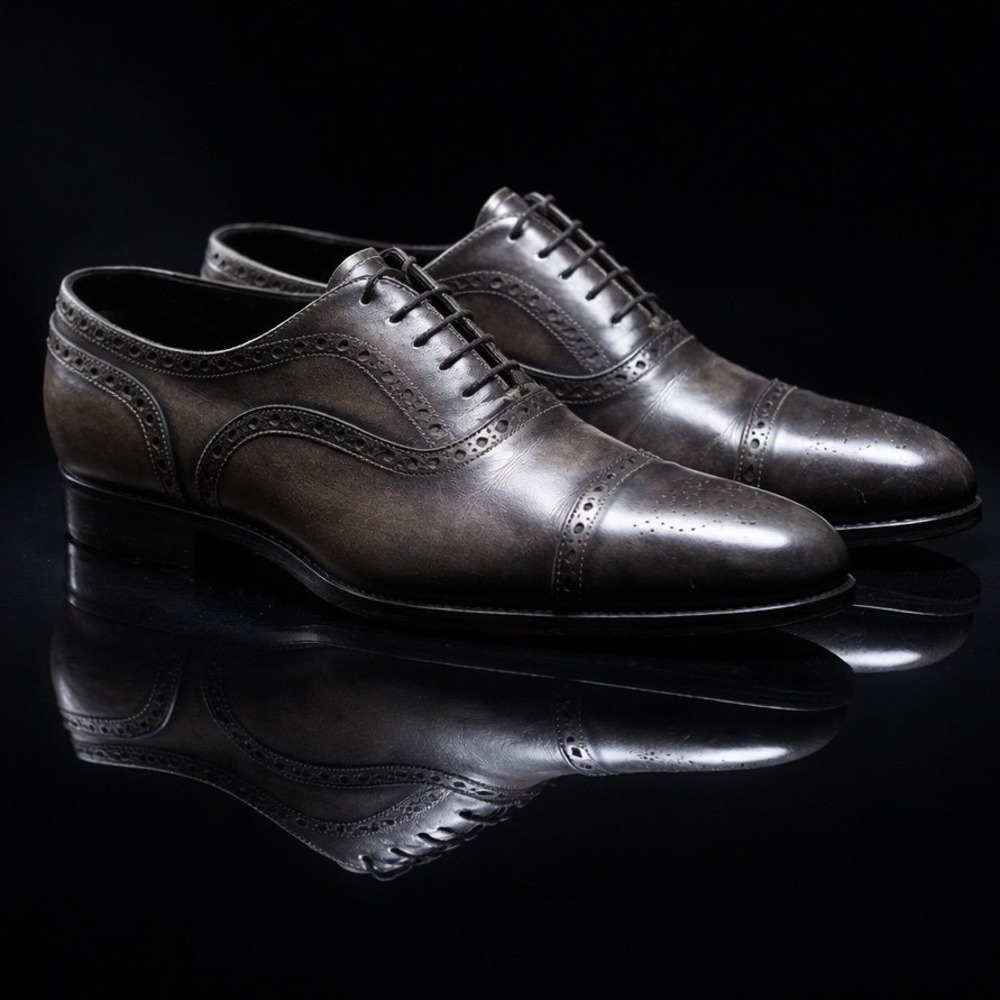 Santoni Antique Grey Leather Cap Toe Brogues - Handmade Italian Luxury Oxfords